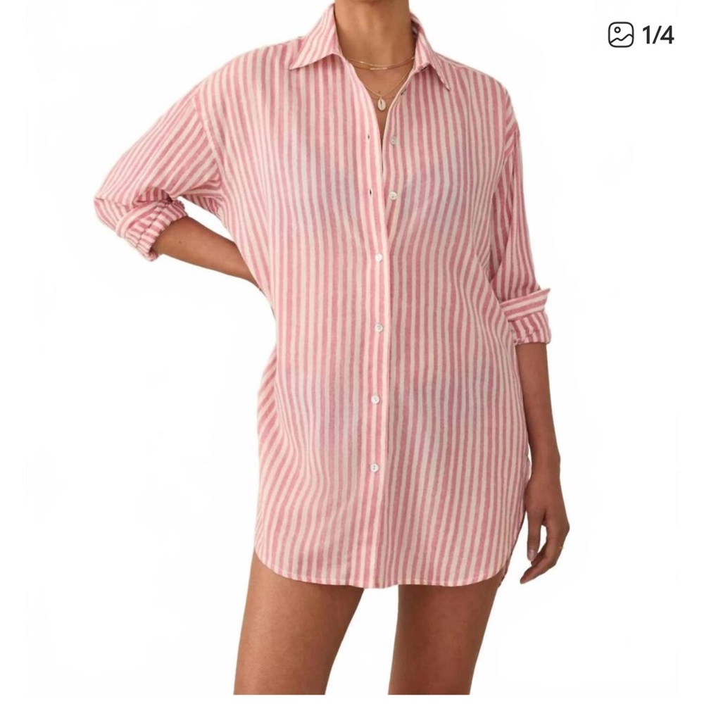 Faherty NWT Haze shirt dress striped Pink Button-Front Swim Cover-Up Shirt